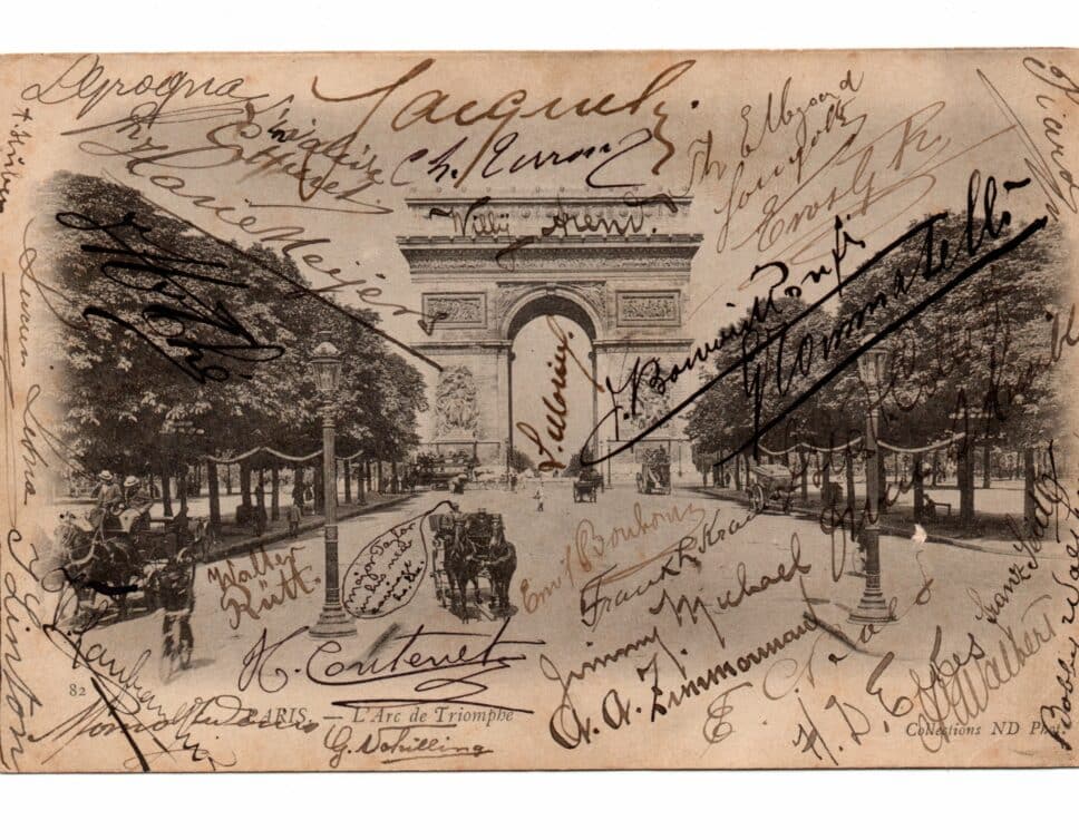 carte postale signée par plus de 30 champions des années 1900