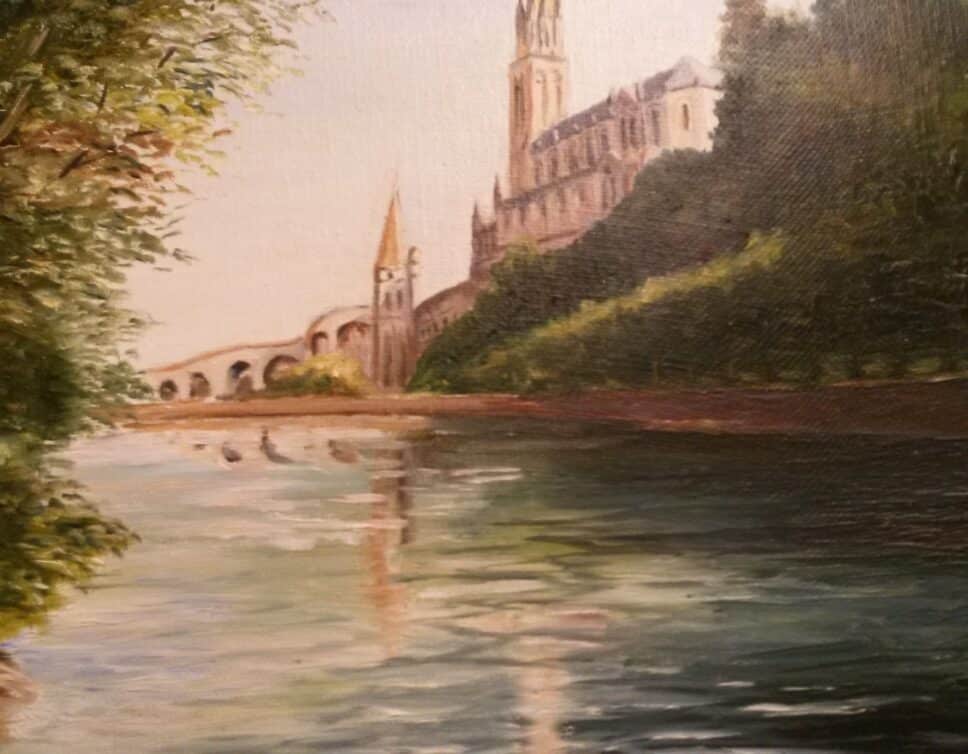 Peinture Tableau, Pastel: huile sur toile la basilique de lourdes vue depuis une berge du gave de Pau signée Azais