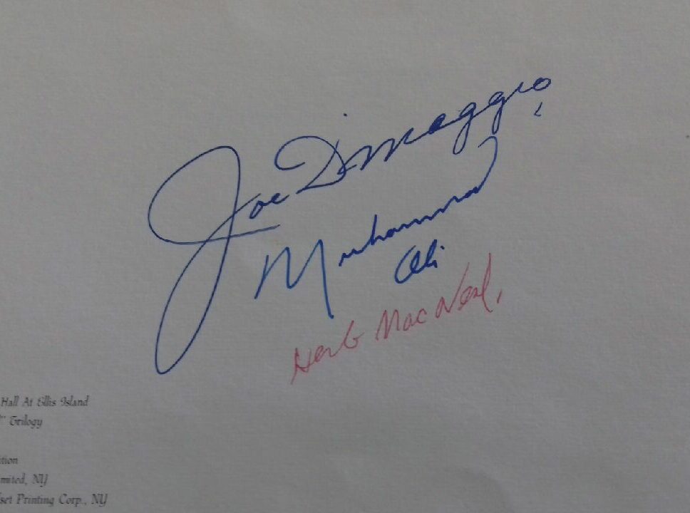 Autographe Joe DiMaggio + Mohammed Ali 1986