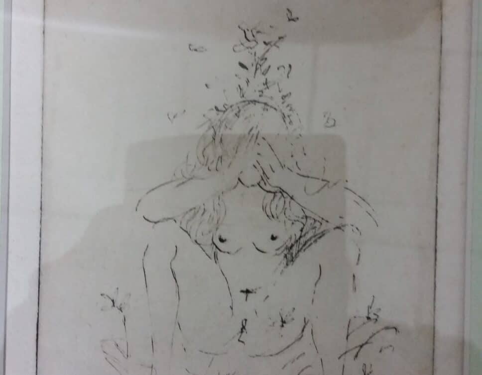 lithographie femme nue assise qui se cache le visage