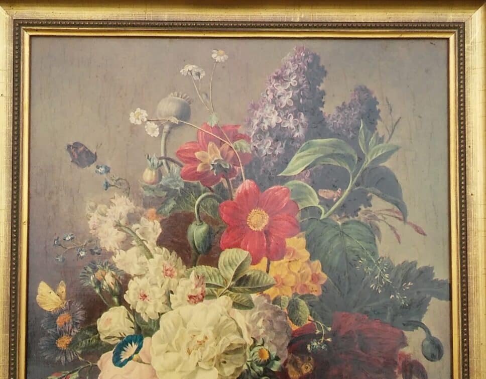 Peinture Tableau, Pastel: tableau : roses dahlias et lilas de moise jacobber