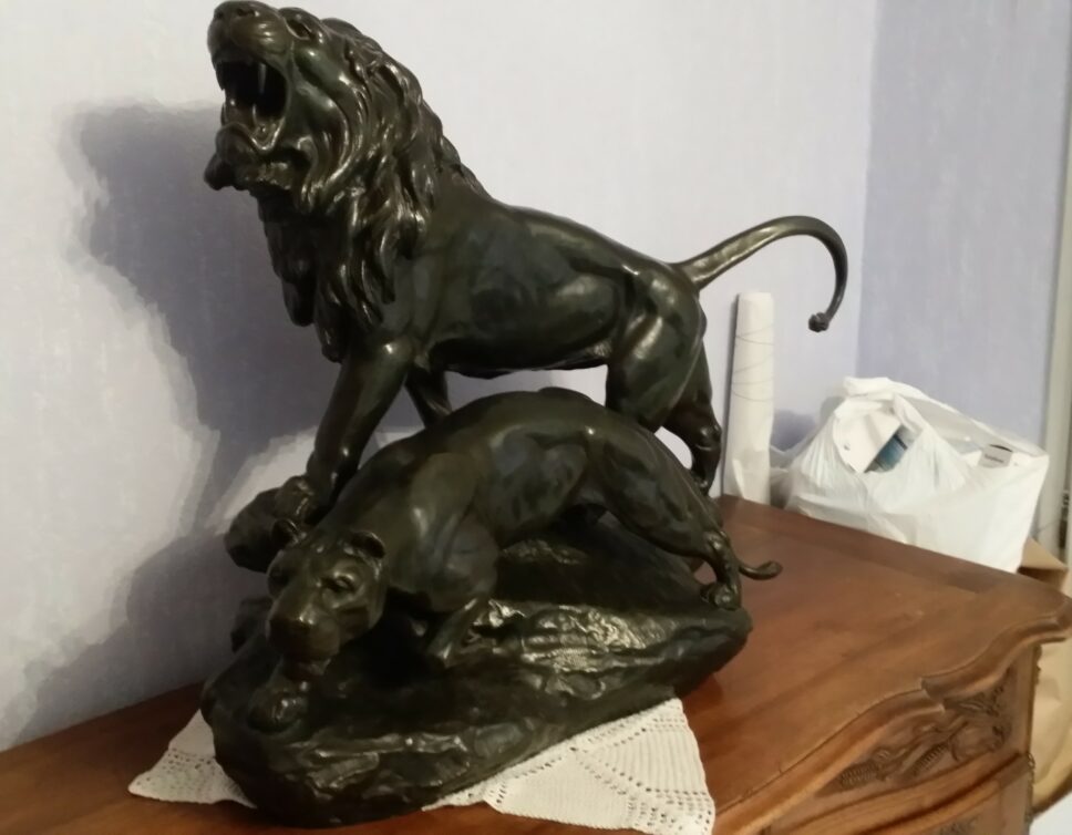 couple Lion en bronze