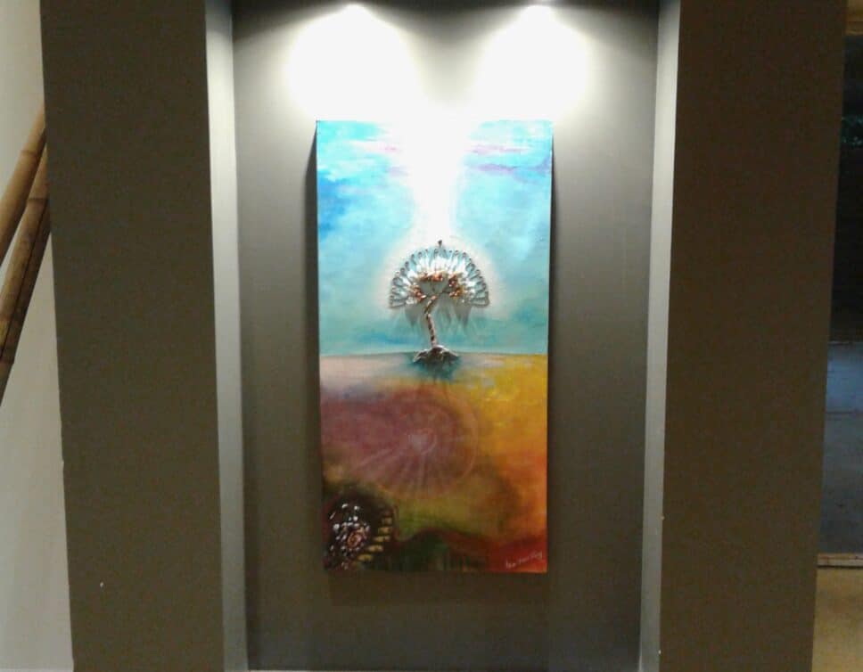 Peinture Tableau, Pastel: L’arbre de vie sous le regard du bouddha allongé