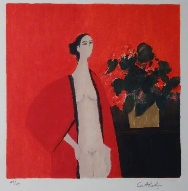 Tableau signé Bernard Cathelin : fille nue en rouge