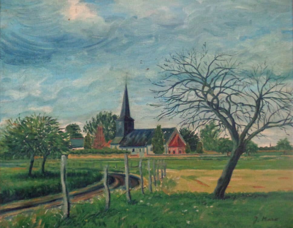 Peinture Tableau, Pastel: Peinture Huile sur toile 10F 55×46 signée J.Marc – Paysage representant l’eglise de Boscrobert dans l’ Eure