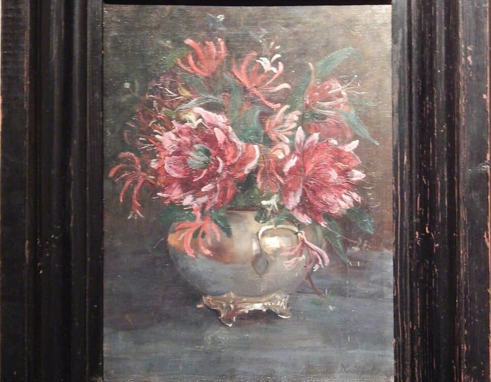 Peinture Tableau, Pastel: Bouquet pivoines et vase en étain