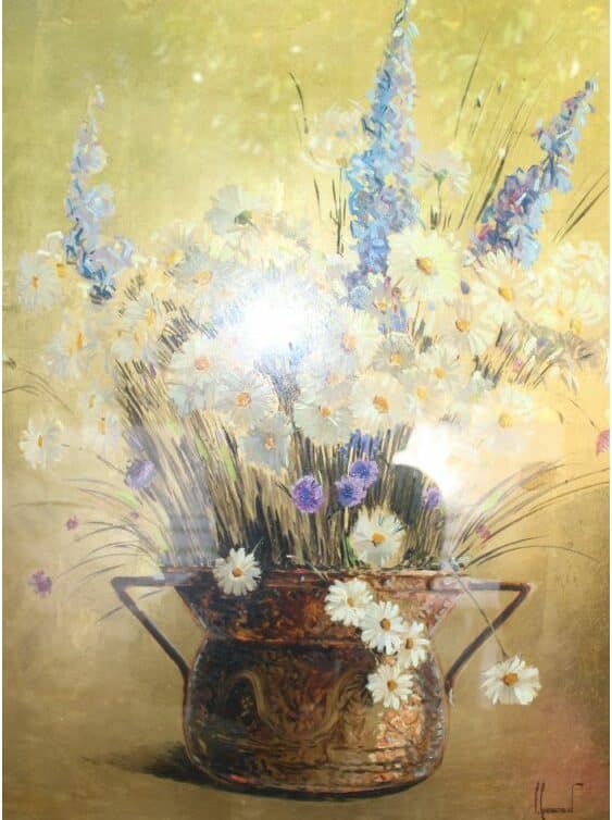Peinture Tableau, Pastel: fleures sur fond d’or
