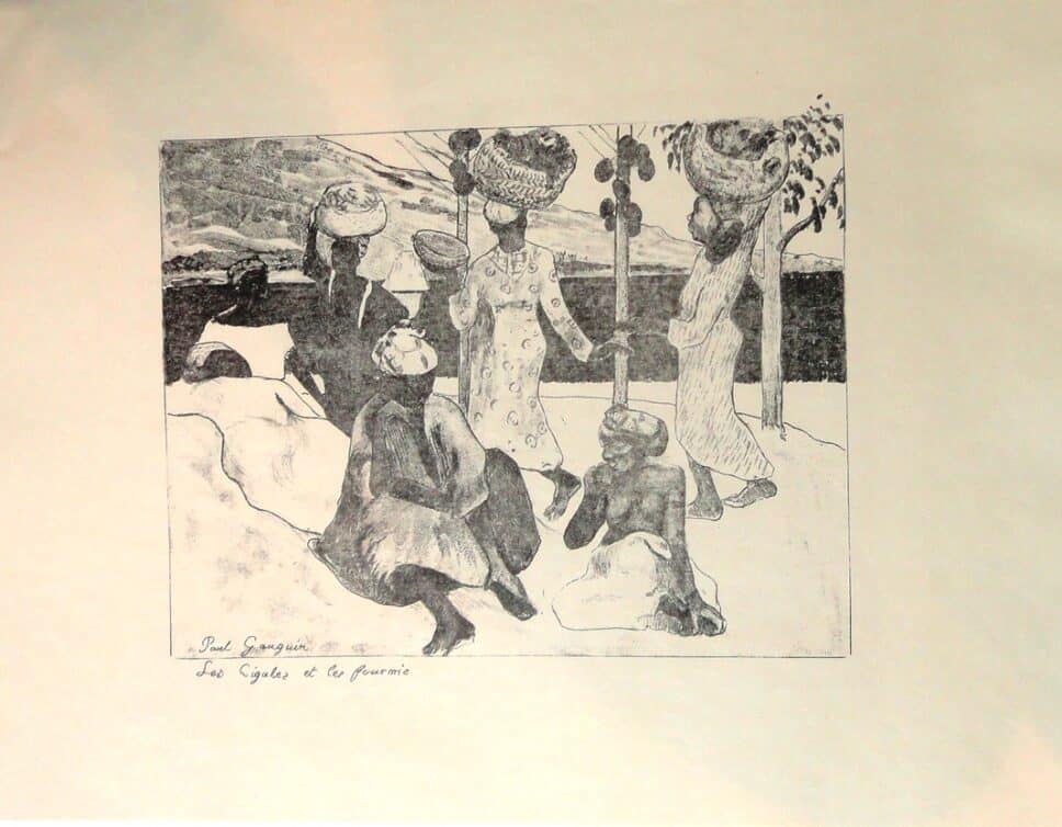 les cigales et les fourmis de Paul Gauguin  , zincographie  originale( issue de la seconde édition d’un tirage de 50 épreuves )