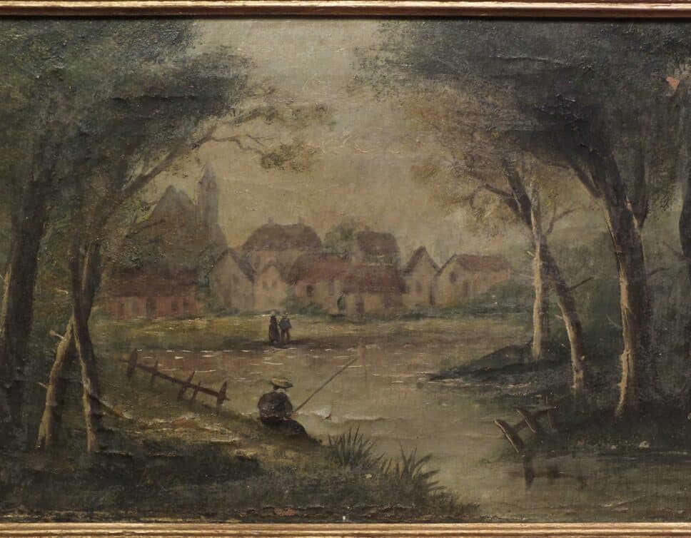 Peinture Tableau, Pastel: scène champêtre, pêcheur
