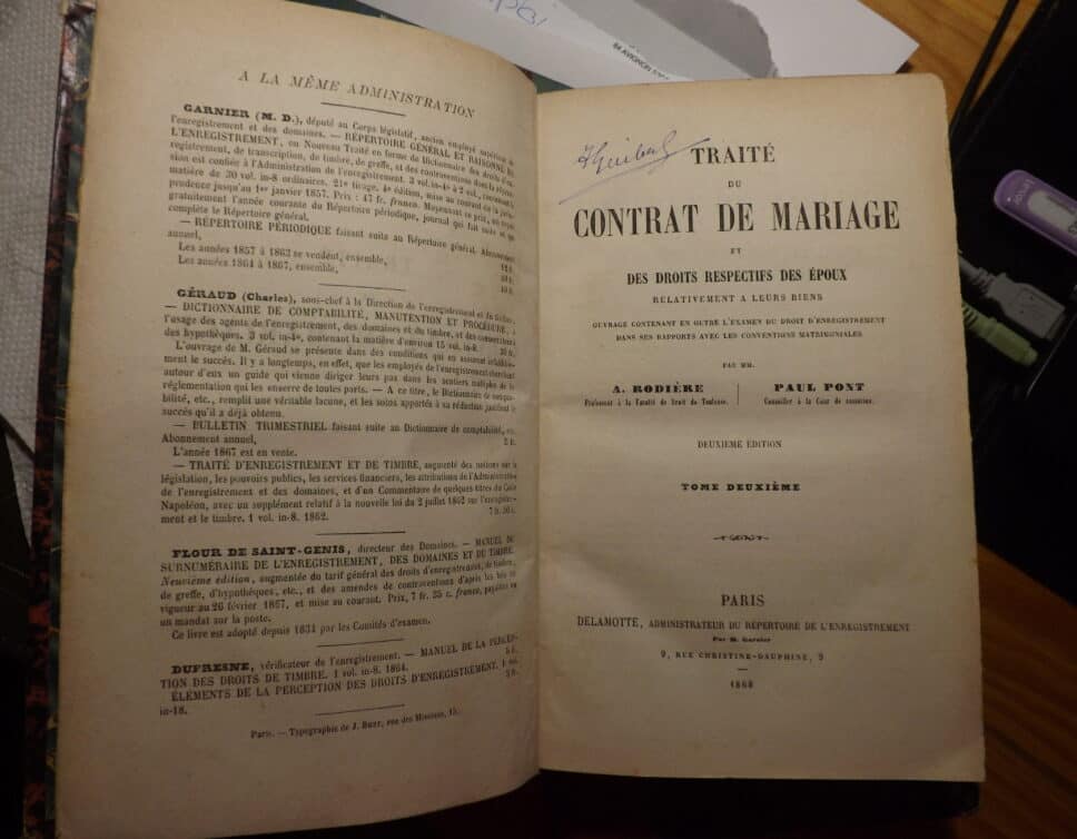 Estimation Livre, manuscrit: Traité du contrat de Mariage, par A rodière et Paul Font, deuxième édition, 1868