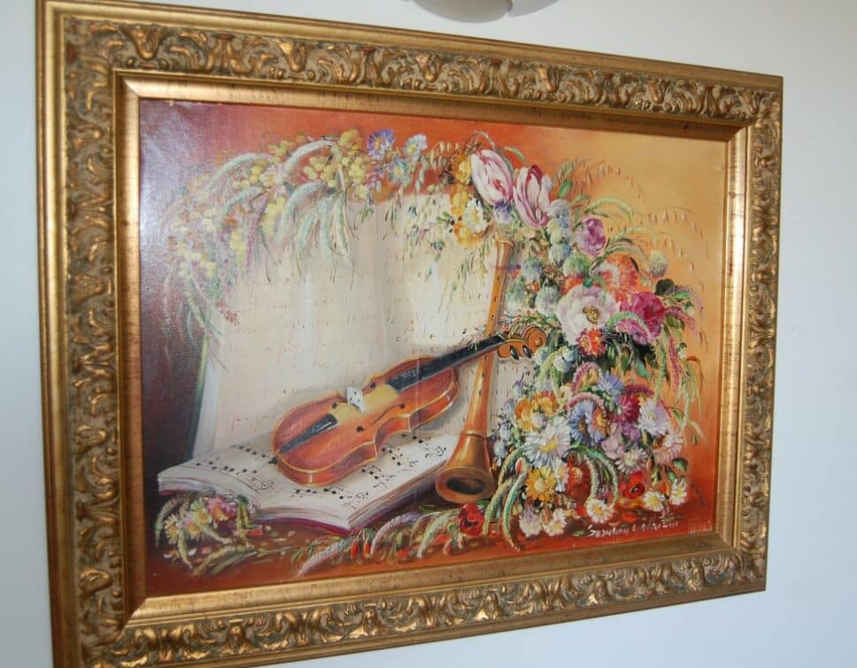 Peinture Tableau, Pastel: Violon et fleurs