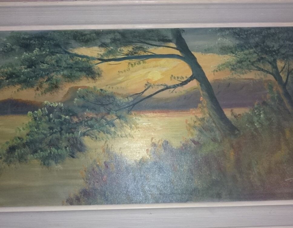 Peinture Tableau, Pastel: Couché de soleil sur un petit lac