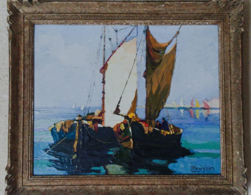 Peinture Tableau, Pastel: Peinture huile deux bateaux de pêche