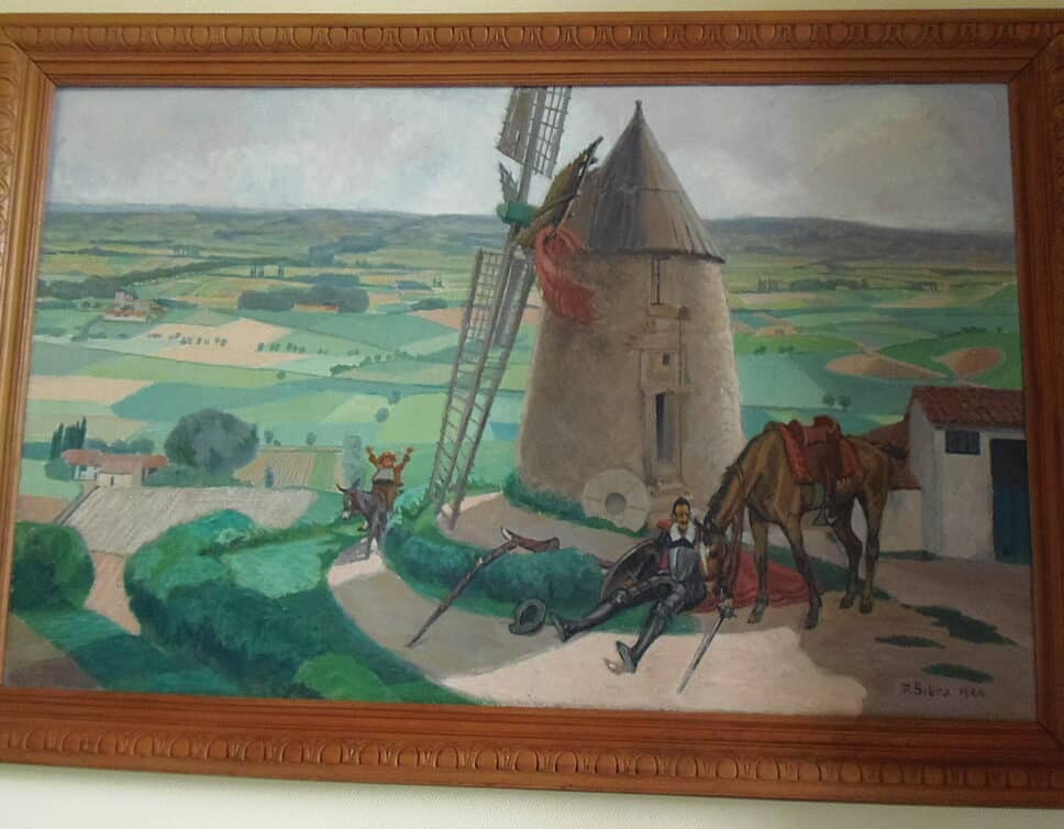 Peinture Tableau, Pastel: Tableau signé Paul SIBRA intitulé Don Quichotte et le moulin