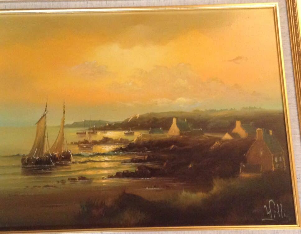 Peinture Tableau, Pastel: port marine au coucher du soleil
