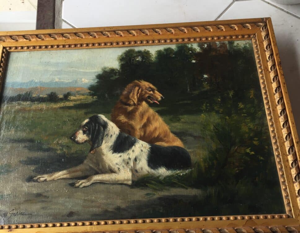 Peinture Tableau, Pastel: tableau ancien representant des chiens