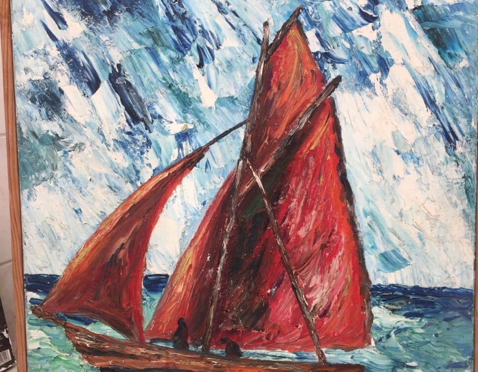 Peinture Tableau, Pastel: Le voilier rouge