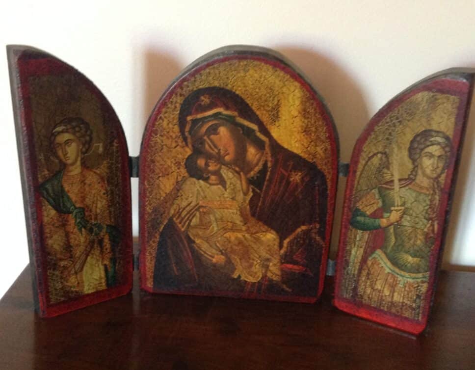 Peinture Tableau, Pastel: icône russe triptyque la vierge marie de Kazan et jésus avec de part et d’autre des panneaux les saints patrons