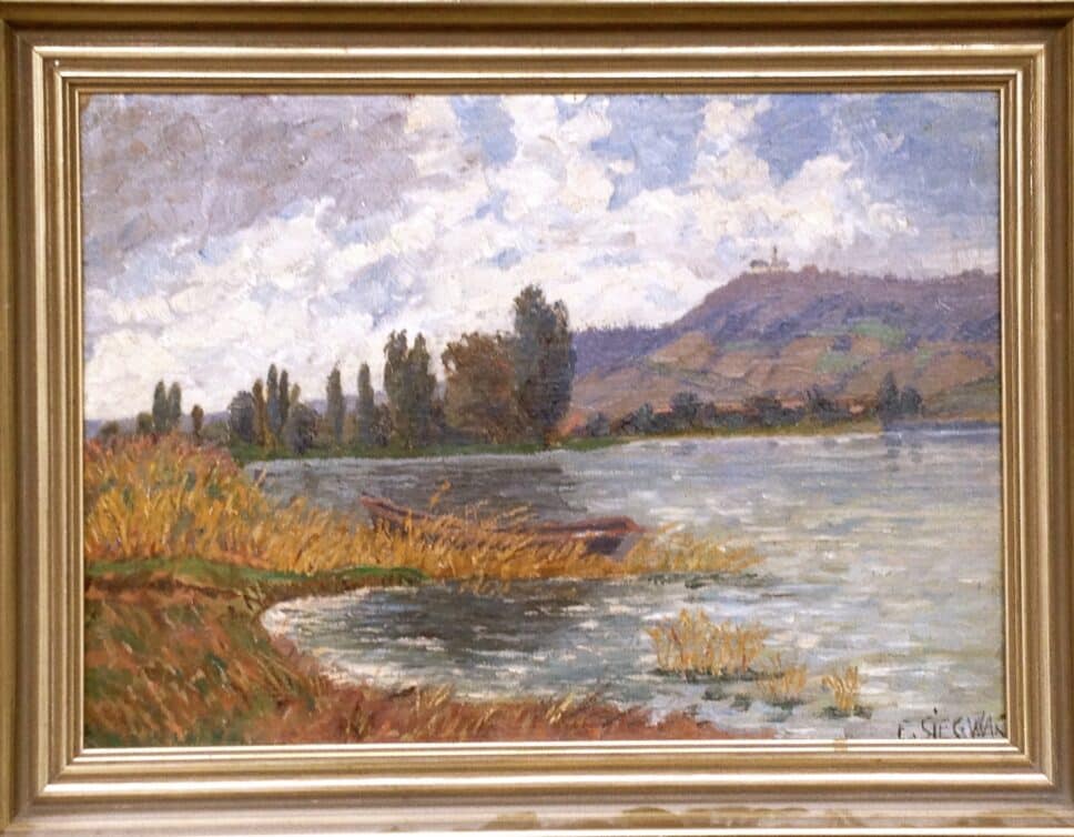 Peinture Tableau, Pastel: paysage avec rive d’un fleuve