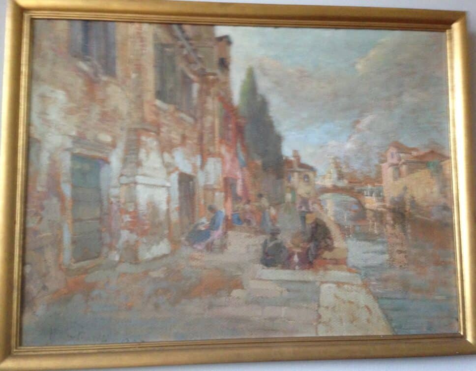 Peinture Tableau, Pastel: Peinture à l’huile représentant une scène de vie extérieure de Venise
