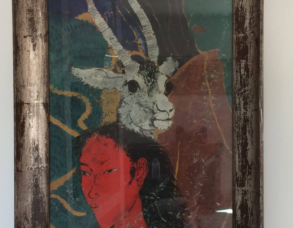 Peinture Tableau, Pastel: Femme rouge , chèvre et homme vert