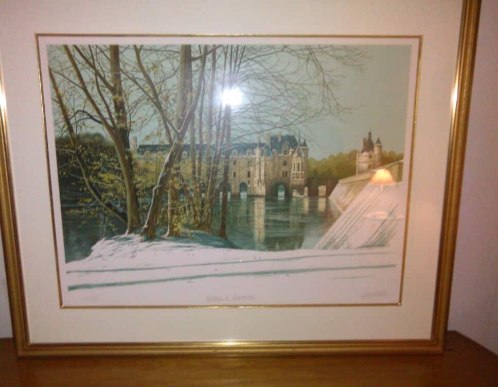 Lithographie de Robert MOESLE représentant le château de Chenonceau