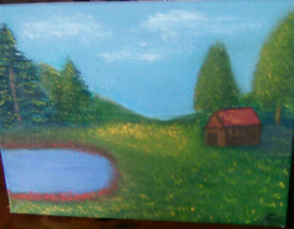 Peinture Tableau, Pastel: Cabane au bord du lac
