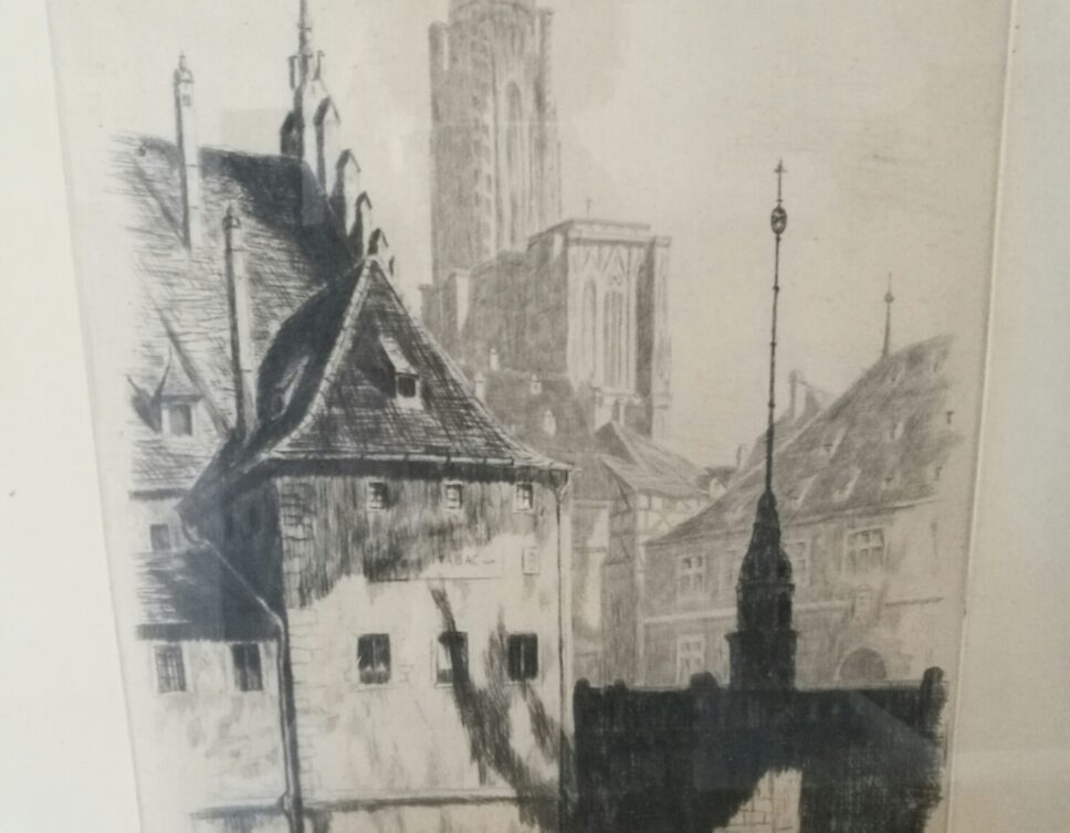 Litho vieux Strasbourg vue cathédrale