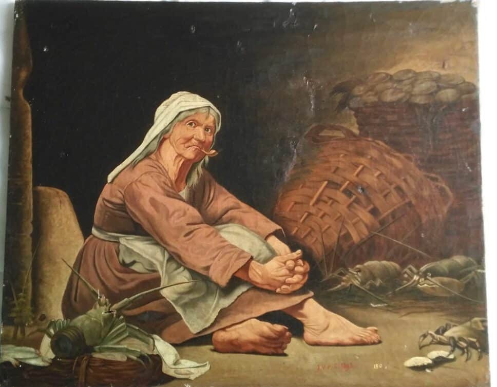 Peinture Tableau, Pastel: Tableau femme pêcheur, à la pipe.