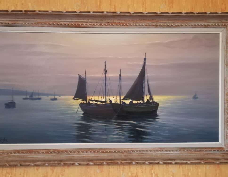 tableau signé Cegla : 2 bateaux pêch reflet soleil