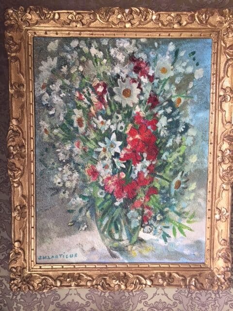 Peinture Tableau, Pastel: Tableau signé J.H.Lartigue – bouquet fleurs dans vase