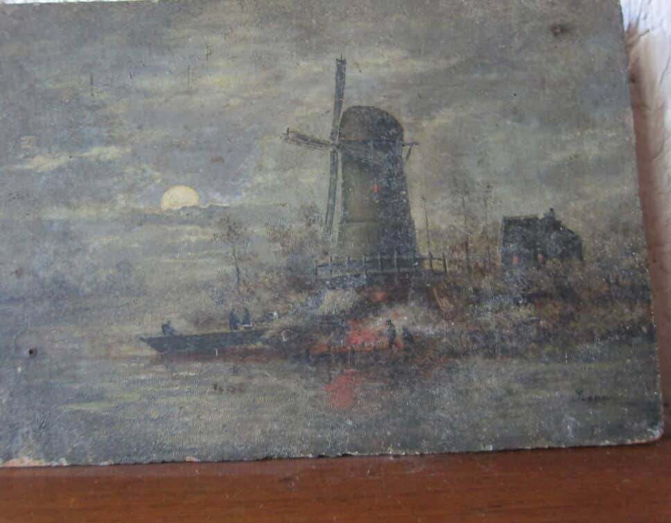 Peinture Tableau, Pastel: moulin flamand sur coucher de soleil au bord de l’eau