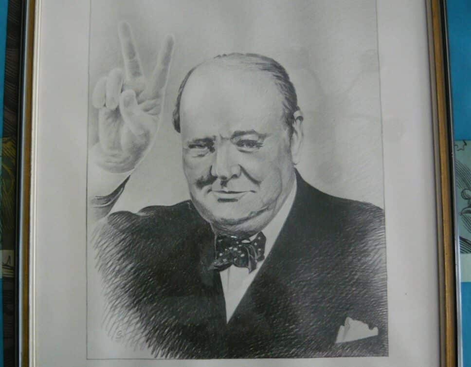 tableau dessin au fusain de Winston Churchill dédicacé