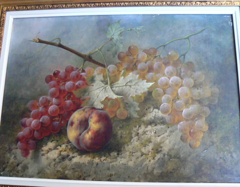 Peinture Tableau, Pastel: Toile raisins et pêche signée E. Gilbault