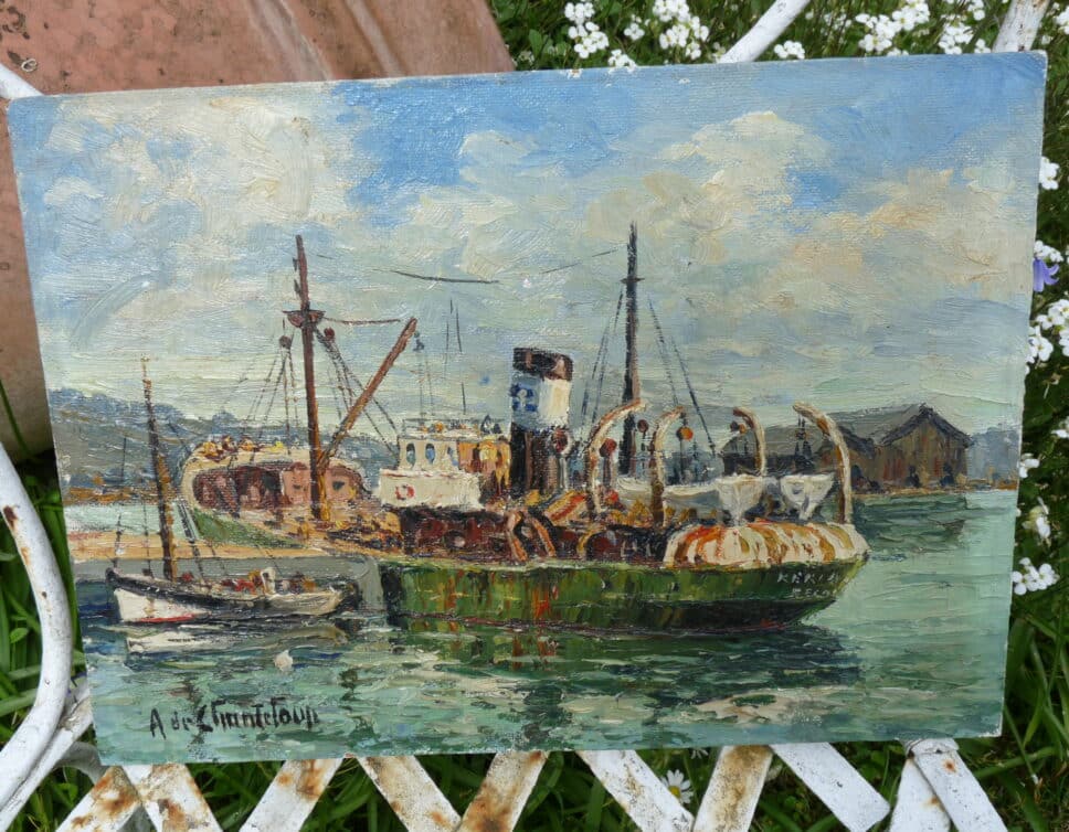 Peinture Tableau, Pastel: peinture A.de Chanteloup Bateau de pêche rentrant au port
