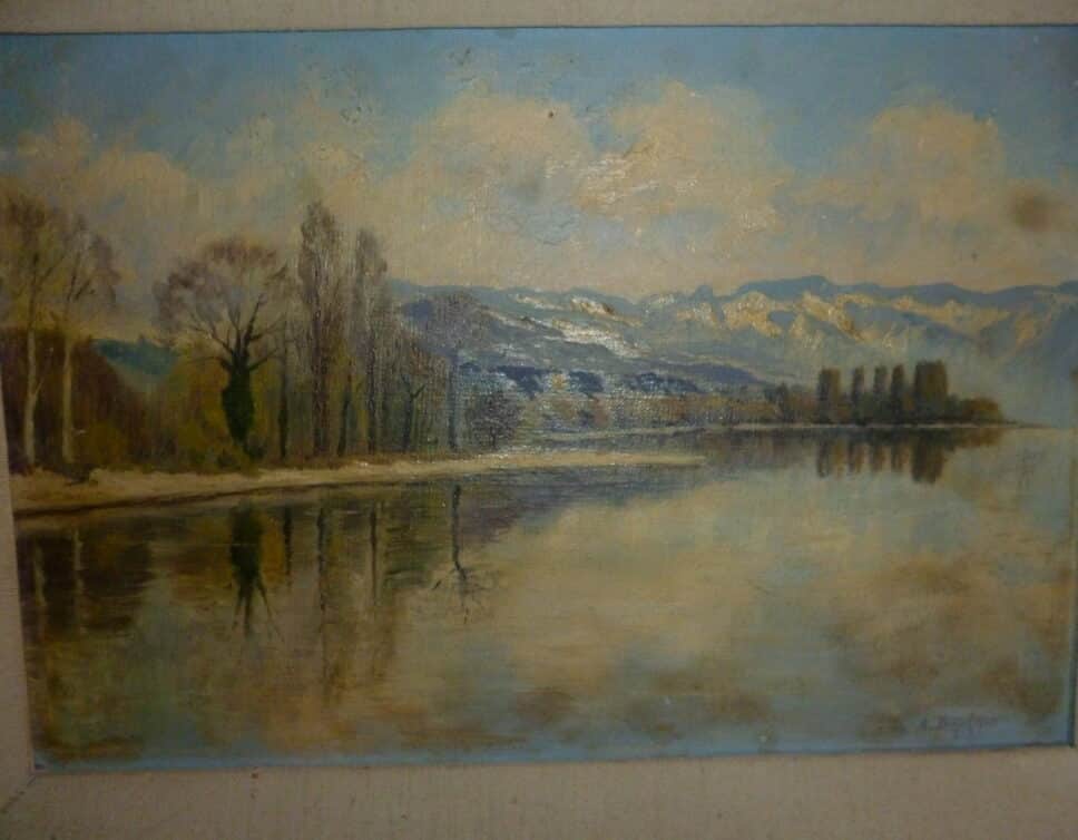Peinture Tableau, Pastel: lac et montagne .