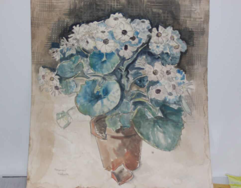 Peinture Tableau, Pastel: Aquarelle de Plante fleurie en pot (fleurs blanches) de Rayomd ROCHETTE artiste peintre contemporain du CREUSOT et décédé fin siècle dernier