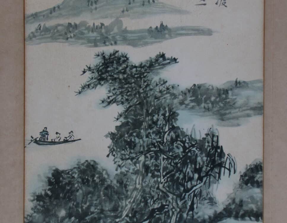 Peinture Tableau, Pastel: peinture japonaise lac mont barque texte