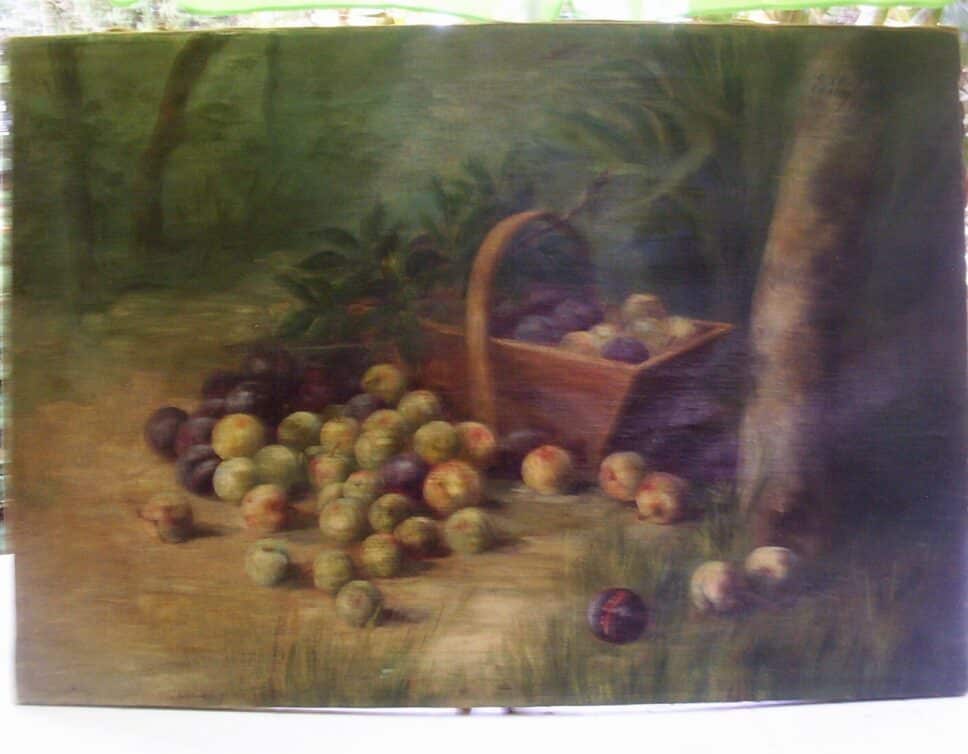 Peinture Tableau, Pastel: « Panier de Prunes en sous-bois » XIXe
