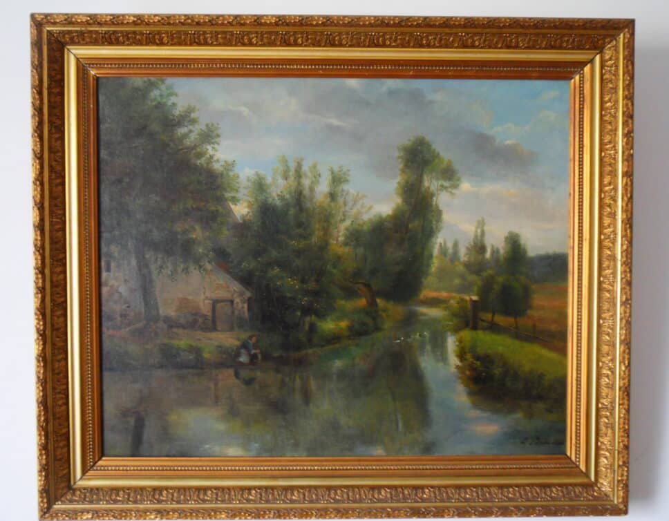 Peinture Tableau, Pastel: Lavandière près d’une rivière, maison, campagne, oies