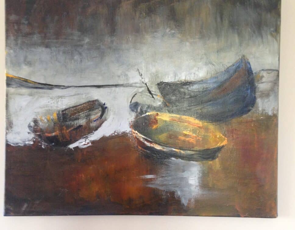 Peinture Tableau, Pastel: Tableau paysage barques échouées