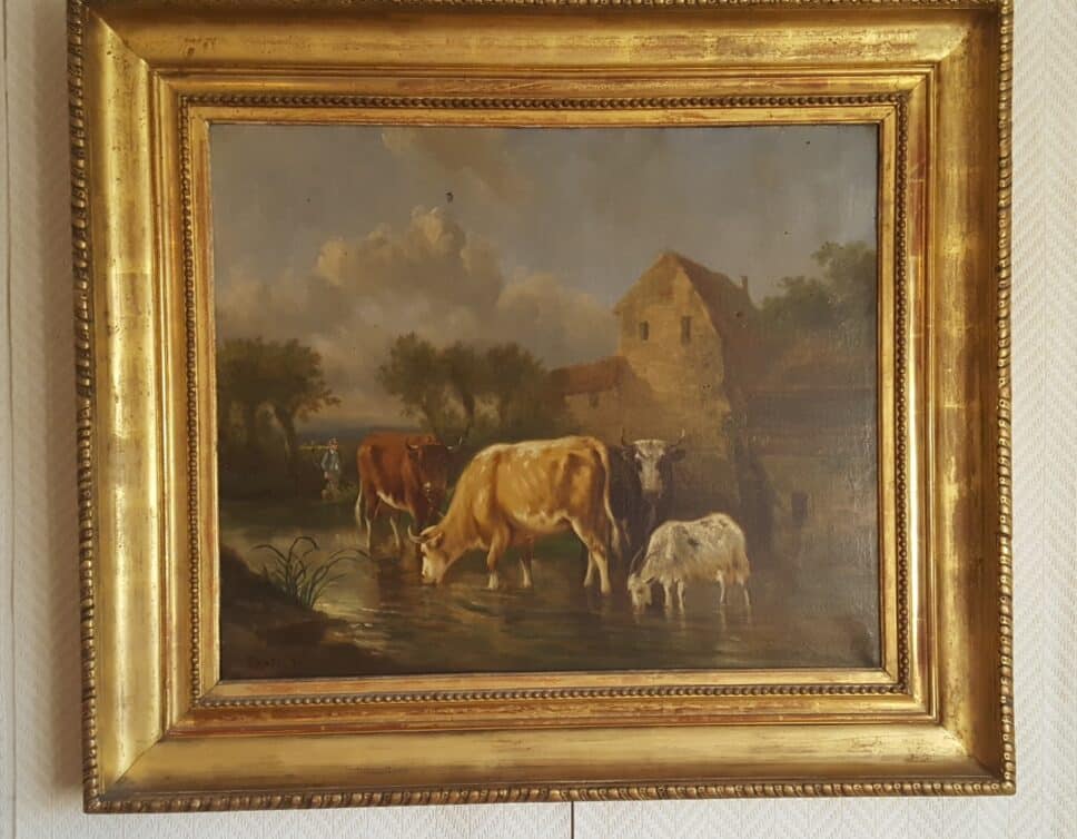 Peinture Tableau, Pastel: tableau vaches et bergeres