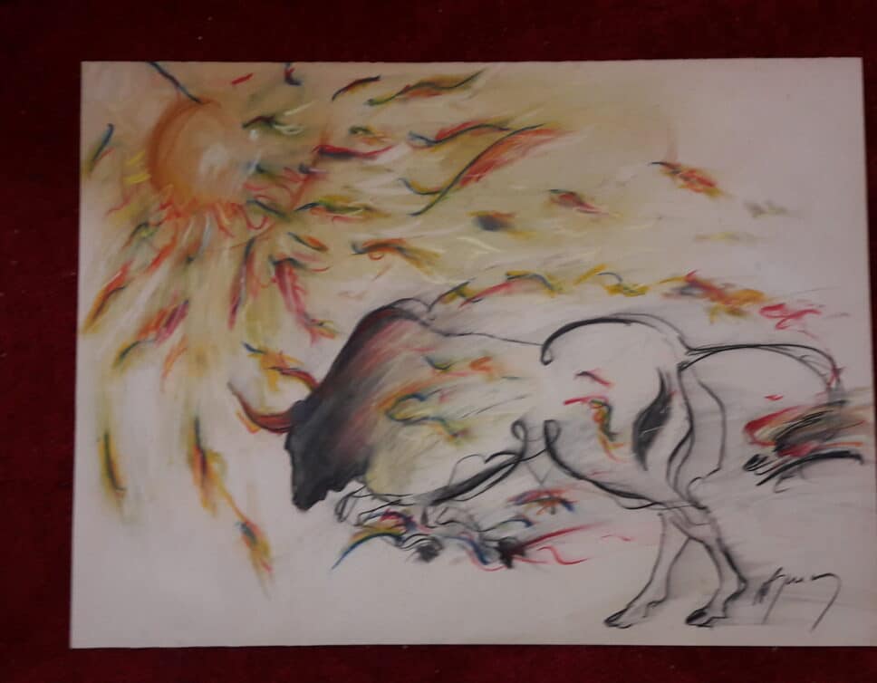 Peinture Tableau, Pastel: Taureau chargeant le soleil