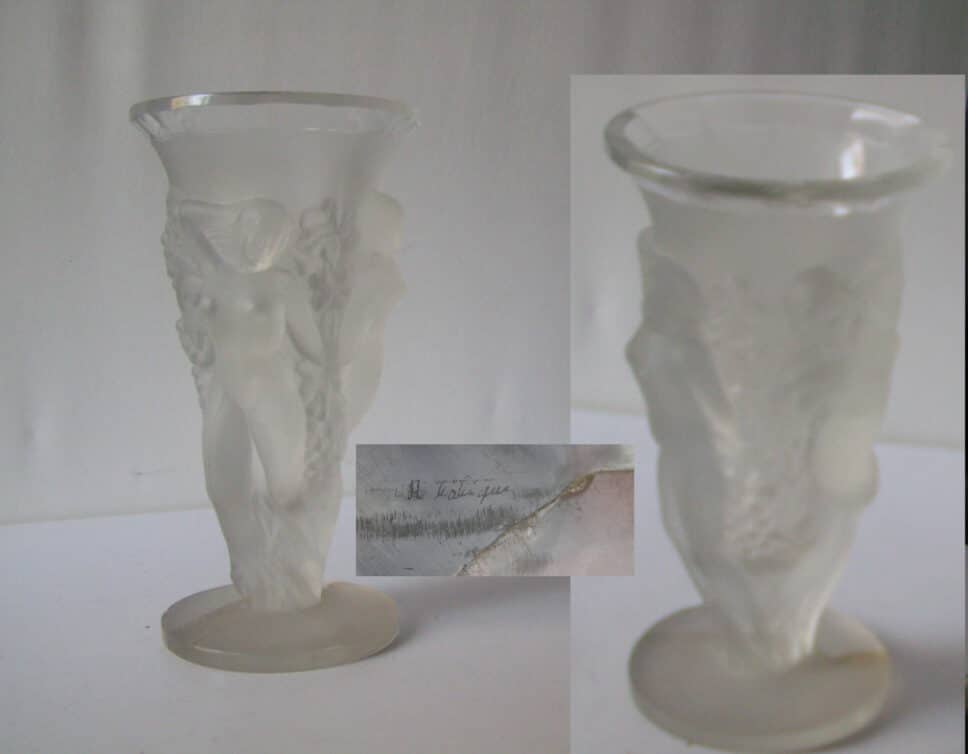 Vase accidenté signé R Lalique, aux trois bacchantes