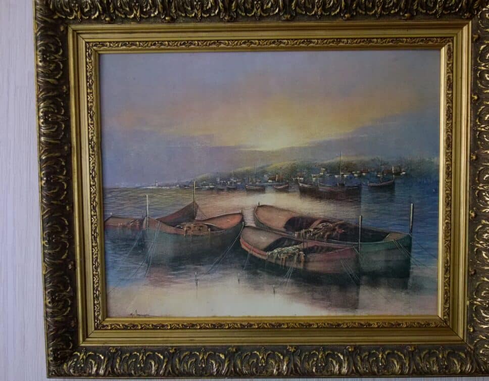 Peinture Tableau, Pastel: bateaux au port signée A.maugeri