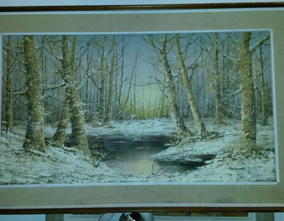 Peinture Tableau, Pastel: paysage d’arbres sous la neige au bord d’une riviére