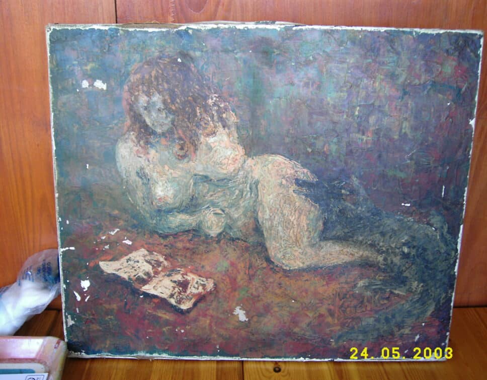 Peinture Tableau, Pastel: femme nue ave un chien