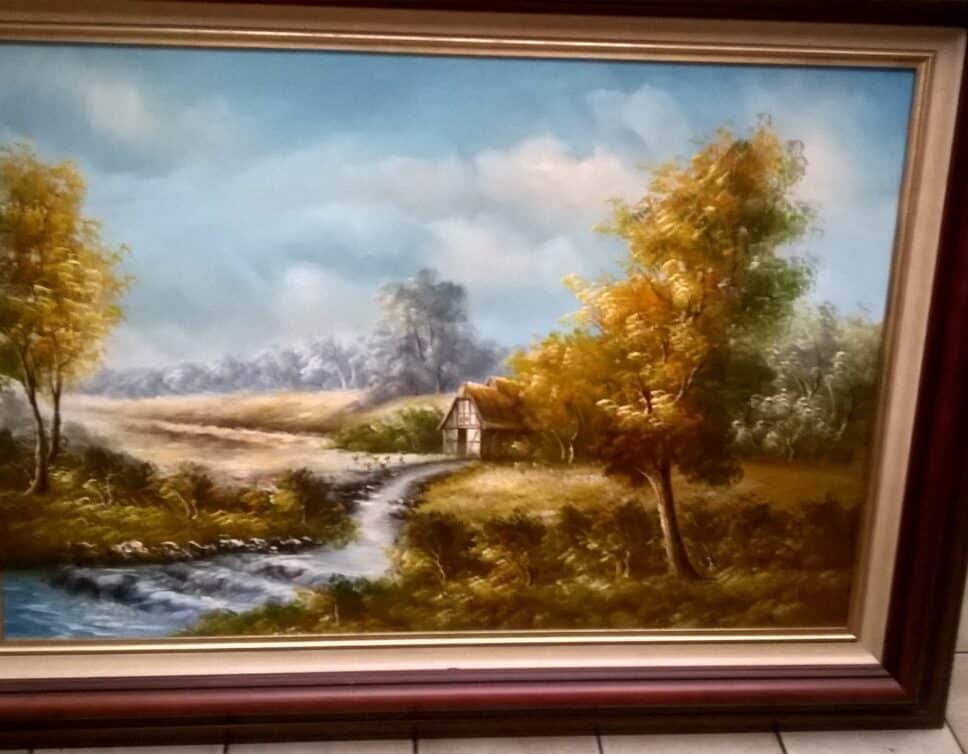 Peinture Tableau, Pastel: Maison au bord d’une rivière