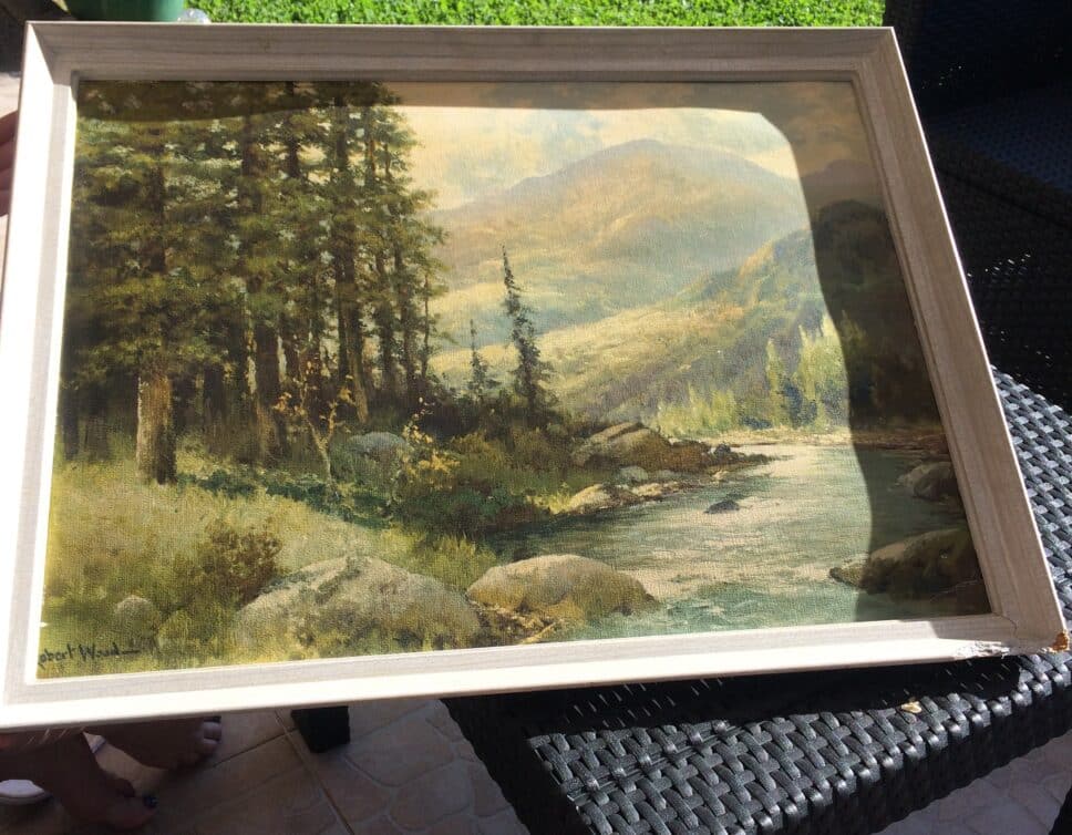 Peinture Tableau, Pastel: Tableau signé Robert wood, rivière au milieu d’une montagne et d’une forêt