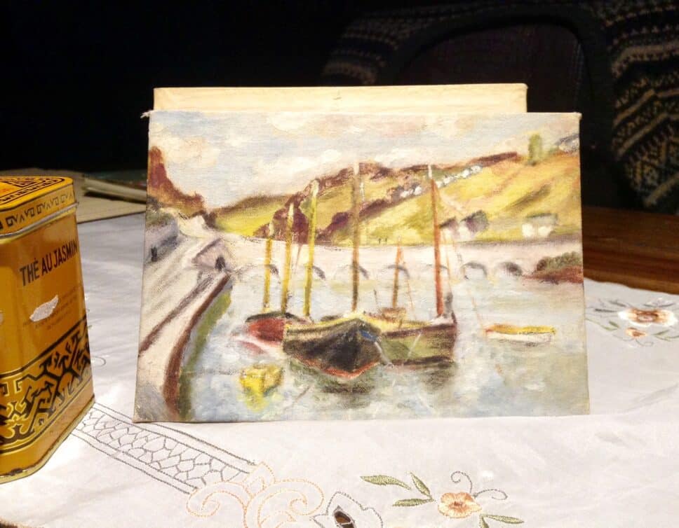 Peinture Tableau, Pastel: Un petit tableau ,paysage et bateau 1948 signée à l’arrière   (Marion